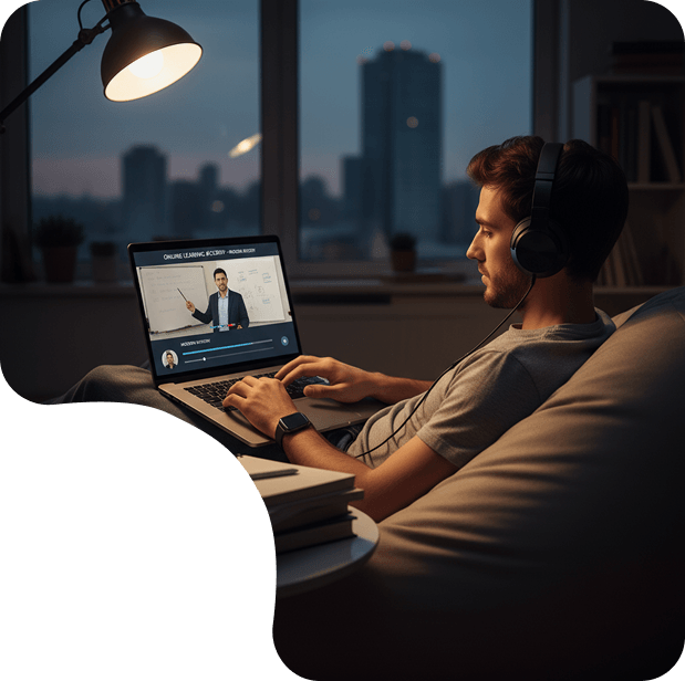 Learner attending an online class at night.